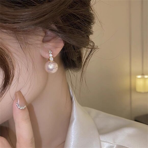 🆕 Women Gold Pearl Drop Earrings Dainty Wedding Diamond Fashion Jewelry Gift - Picture 3 of 6